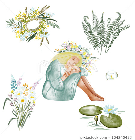 digital watercolor - set: a girl sits in a wreath. bouquet of field herbs, fern, water lilies digital watercolor - set: a girl sits in a wreath. bouquet of field herbs, fern, water lilies 104240453