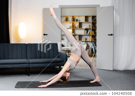 Side view of sporty girl in leggings and top standing in three-legged down dog pose in living room. Caucasian barefoot lady practicing yoga, focused on exercising along at home. Concept of yoga. Side view of sporty girl in leggings and top standing in three-legged down dog pose in living room. Caucasian barefoot lady practicing yoga, focused on exercising along at home. Concept of yoga. 104240508