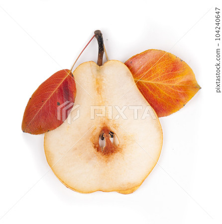 Fresh ripe fruits and slices of pears with leaves isolated on white background 104240647