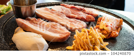 black pork korean food cuisine iron plate restaurant 제주흑돼지 Pan fried black pork black pork black pork korean food cuisine iron plate restaurant 제주흑돼지 Pan fried black pork black pork 104240870