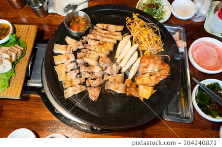 black pork korean food cuisine iron plate restaurant 제주흑돼지 Pan fried black pork black pork black pork korean food cuisine iron plate restaurant 제주흑돼지 Pan fried black pork black pork 104240871