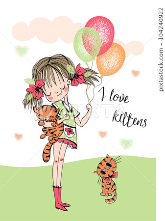 Cute girl with a kittens and balloons. Vector illustration Cute girl with a kittens and balloons. Vector illustration 104240922