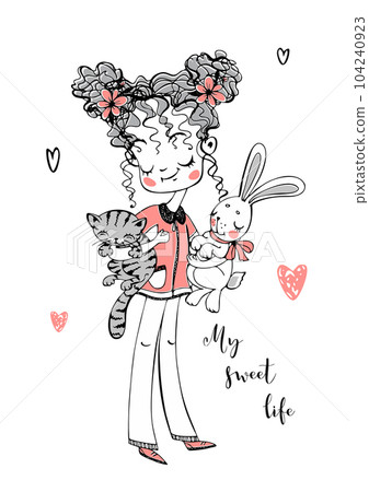 Cute girl with a cat and a bunny. Vector illustration. Cute girl with a cat and a bunny. Vector illustration. 104240923