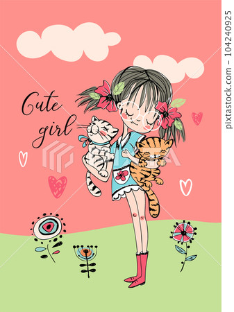 Cute girl with a cats. Vector illustration 104240925