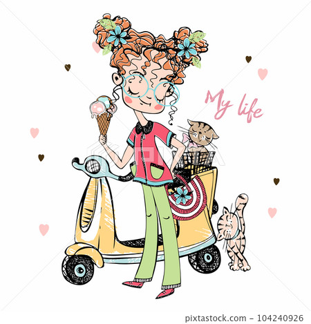 Cute teen fashionista with a cat, with a scooter . My life. Vector Cute teen fashionista with a cat, with a scooter . My life. Vector 104240926