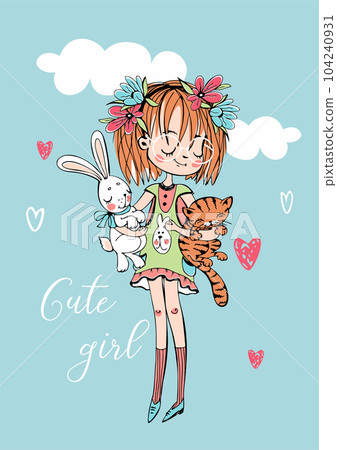 Cute girl with a cat and a bunny. Vector illustration Cute girl with a cat and a bunny. Vector illustration 104240931