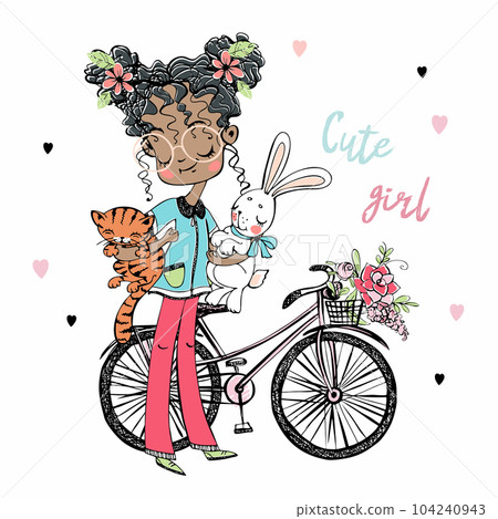 A pretty fashionista is a dark-skinned girl with a cat and a bunny, a bicycle. Vector. A pretty fashionista is a dark-skinned girl with a cat and a bunny, a bicycle. Vector. 104240943