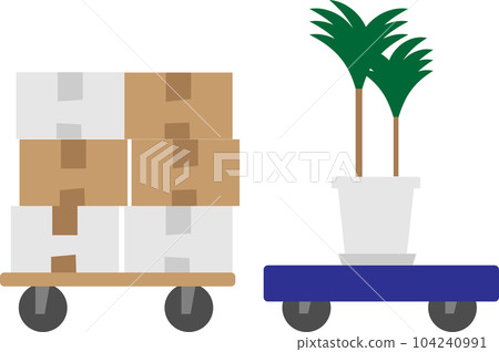 A flat trolley loaded with cardboard and foliage plants 104240991