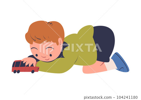 Little Boy Playing with Toy Car Being at Kindergarden Vector Illustration 104241180