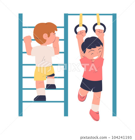 Little Boy Climb Ladder and Hang on Rings Being at Kindergarden Vector Illustration Little Boy Climb Ladder and Hang on Rings Being at Kindergarden Vector Illustration 104241193
