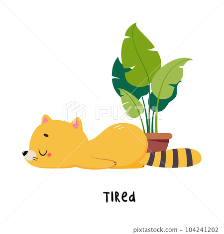 Funny Ginger Tired Cat Lying on the Floor as English Word for Educational Activity Vector Illustration 104241202