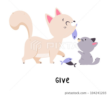 Funny Cat Give Fish to Baby as English Verb for Educational Activity Vector Illustration 104241203