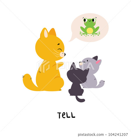 Funny Ginger Cat Tell Cubs about Frog as English Verb for Educational Activity Vector Illustration 104241207