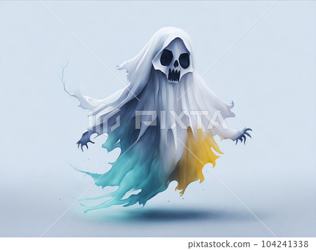 A creepy ghost flies on a blue background A creepy ghost flies on a blue background 104241338