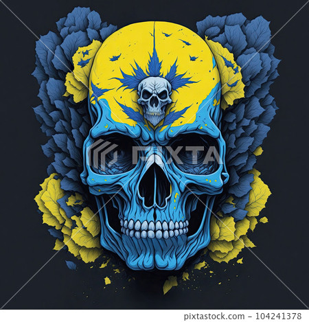 A human skull in yellow and blue leaves 104241378