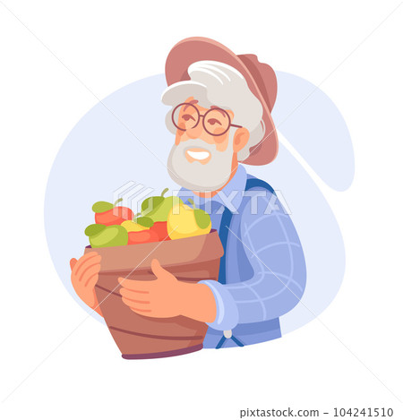 Harvesting Senior Man Character in Hat Holding Basket with Ripe Apples Vector Illustration Harvesting Senior Man Character in Hat Holding Basket with Ripe Apples Vector Illustration 104241510