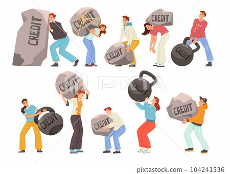 People with Heavy Stone and Kettlebell as Severity of Loan and Mortgage Vector Set 104241536