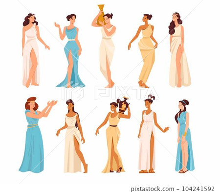 Roman or Greek Girl in Antique Clothes Stand and Gesturing with Amphora Vector Set 104241592