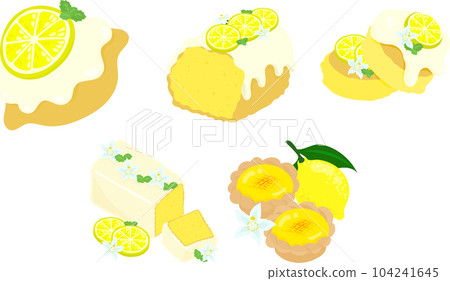 An icon set of cute and refreshing lemon sweets such as weekend citron and egg tart. An icon set of cute and refreshing lemon sweets such as weekend citron and egg tart. 104241645