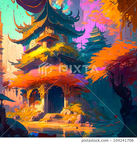 Ancient Asian pagoda, oriental architecture, watercolor style illustration. 104241706