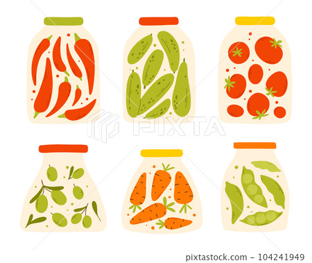 A set of homemade canned vegetables. Vector illustration in a flat style. Collection of jars with homemade pickles. A set of homemade canned vegetables. Vector illustration in a flat style. Collection of jars with homemade pickles. 104241949