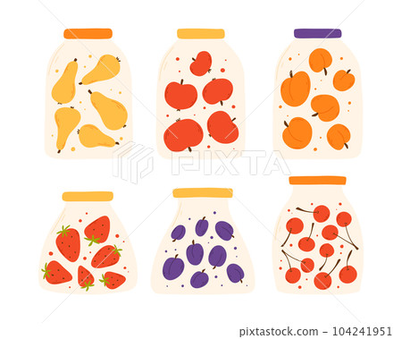 A set of jars with homemade jam. Vector illustration in a flat style. Hand drawn homemade fruit marmalade. 104241951