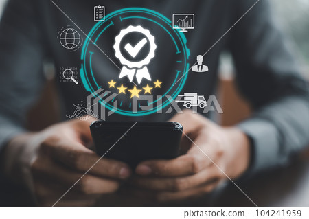 Internet security and assurance of quality in business. ISO certification and document management system present. Business people present in cyberspace. Internet security and assurance of quality in business. ISO certification and document management system present. Business people present in cyberspace. 104241959