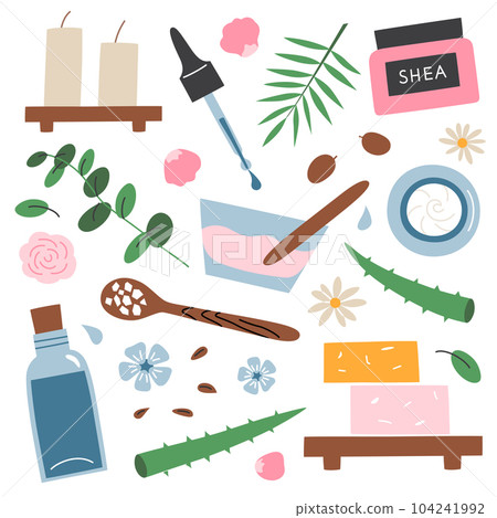 Organic homemade skincare hand drawn collection, doodle icons of natural ingredients, skin care products, vector illustrations of moisturizer, serum, shea butter, isolated colored clipart 104241992