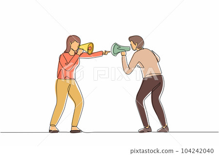 Single continuous line drawing man and woman hold loudspeakers scream at each other engaged in family fight. Stubborn angry husband and wife yell shout in megaphones. One line graphic design vector Single continuous line drawing man and woman hold loudspeakers scream at each other engaged in family fight. Stubborn angry husband and wife yell shout in megaphones. One line graphic design vector 104242040