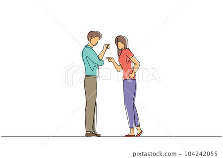 Continuous one line drawing angry aggressive couple man husband woman wife yelling and quarrelling together. Furious dispute discussion or disagreement. Single line design vector graphic illustration 104242055