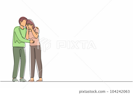 Continuous one line drawing man hugging soothing sad depressed frustrated crying woman holding shoulders and discussing problems. Support, stress, depression. Single line draw design vector graphic Continuous one line drawing man hugging soothing sad depressed frustrated crying woman holding shoulders and discussing problems. Support, stress, depression. Single line draw design vector graphic 104242063