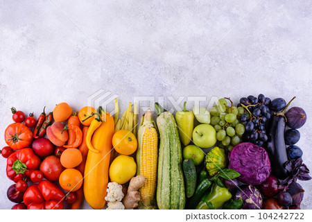 Assortment of rainbow color vegetables and fruits Assortment of rainbow color vegetables and fruits 104242722