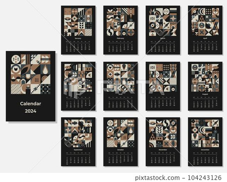 Calendar 2024 geometric patterns. Monthly calendar template for 2024 year with geometric shapes. 104243126