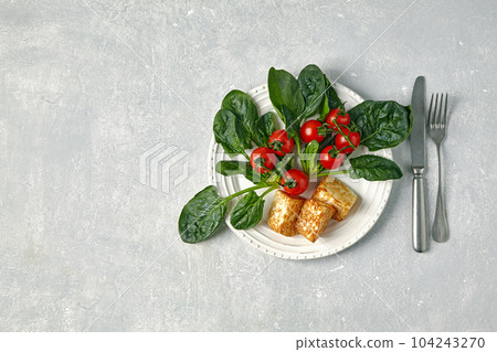 Red cherry tomatoes on a branch, green spinach leaves and fried mozzarella curd cheese on a dark plate on a light concrete table 104243270