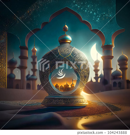 Islamic lantern, crescent over mosque for Ramadan Kareem and Eid Mubarak. Islamic lantern, crescent over mosque for Ramadan Kareem and Eid Mubarak. 104243888