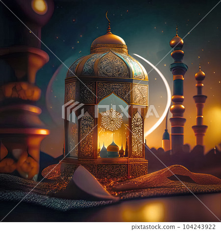 Islamic lantern, crescent over mosque for Ramadan Kareem and Eid Mubarak. Islamic lantern, crescent over mosque for Ramadan Kareem and Eid Mubarak. 104243922