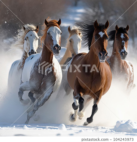Herd of horses running in snow. Winter landscape. Generative AI 104243973