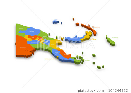 Papua New Guinea political map of administrative divisions - provinces, autonomous region and National Capital District. Colorful 3D vector map with country province names and dropped shadow. Papua New Guinea political map of administrative divisions - provinces, autonomous region and National Capital District. Colorful 3D vector map with country province names and dropped shadow. 104244522