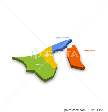 Brunei political map of administrative divisions - districts. Colorful 3D vector map with country province names and dropped shadow. 104244558