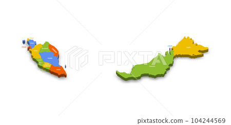 Malaysia political map of administrative divisions - states and federal territories. Colorful 3D vector map with country province names and dropped shadow. Malaysia political map of administrative divisions - states and federal territories. Colorful 3D vector map with country province names and dropped shadow. 104244569