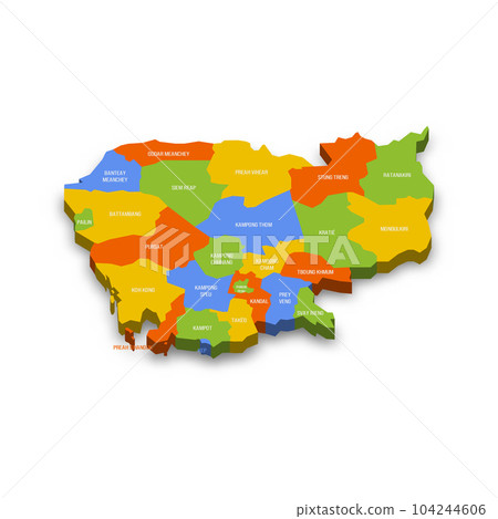 Cambodia political map of administrative divisions - provinces and autonomous municipality of Phnom Penh. Colorful 3D vector map with country province names and dropped shadow. Cambodia political map of administrative divisions - provinces and autonomous municipality of Phnom Penh. Colorful 3D vector map with country province names and dropped shadow. 104244606