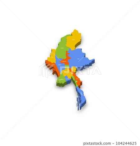 Myanmar political map of administrative divisions - states, regions and Naypyitaw Union Territory. Colorful 3D vector map with country province names and dropped shadow. Myanmar political map of administrative divisions - states, regions and Naypyitaw Union Territory. Colorful 3D vector map with country province names and dropped shadow. 104244625