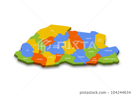 Bhutan political map of administrative divisions - districts. Colorful 3D vector map with country province names and dropped shadow. Bhutan political map of administrative divisions - districts. Colorful 3D vector map with country province names and dropped shadow. 104244634
