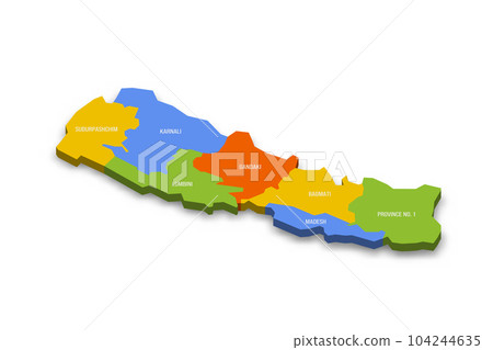 Nepal political map of administrative divisions - provinces. Colorful 3D vector map with country province names and dropped shadow. Nepal political map of administrative divisions - provinces. Colorful 3D vector map with country province names and dropped shadow. 104244635