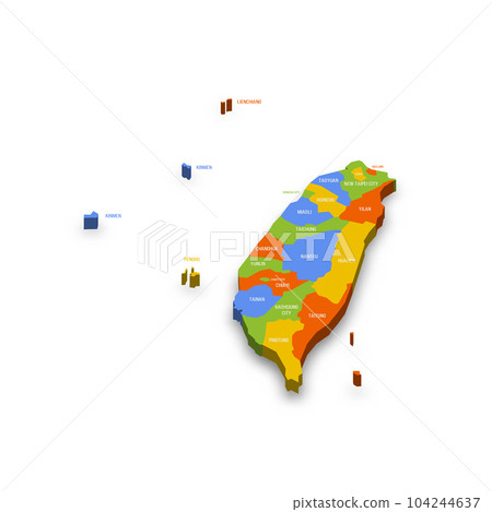 Taiwan political map of administrative divisions - provinces and special municipalities. Colorful 3D vector map with country province names and dropped shadow. 104244637
