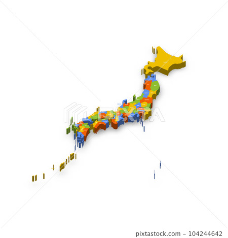 Japan political map of administrative divisions - prefectures, metropilis Tokyo, territory Hokaido and urban prefectures Kyoto and Osaka. Colorful 3D vector map with country province names and dropped Japan political map of administrative divisions - prefectures, metropilis Tokyo, territory Hokaido and urban prefectures Kyoto and Osaka. Colorful 3D vector map with country province names and dropped 104244642