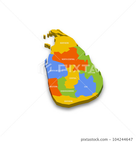 Sri Lanka political map of administrative divisions - provinces. Colorful 3D vector map with country province names and dropped shadow. 104244647