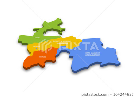Tajikistan political map of administrative divisions - regions, autonomous region of Gorno-Badakhshan, districts of Republican Subordination and capital city of Dushanbe. Colorful 3D vector map with Tajikistan political map of administrative divisions - regions, autonomous region of Gorno-Badakhshan, districts of Republican Subordination and capital city of Dushanbe. Colorful 3D vector map with 104244655