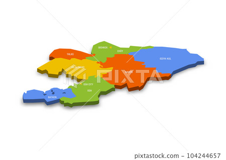 Kyrgyzstan political map of administrative divisions - regions and independent cities of Bishkek and Osh. Colorful 3D vector map with country province names and dropped shadow. Kyrgyzstan political map of administrative divisions - regions and independent cities of Bishkek and Osh. Colorful 3D vector map with country province names and dropped shadow. 104244657