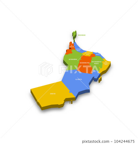 Oman political map of administrative divisions - governorates. Colorful 3D vector map with country province names and dropped shadow. Oman political map of administrative divisions - governorates. Colorful 3D vector map with country province names and dropped shadow. 104244675